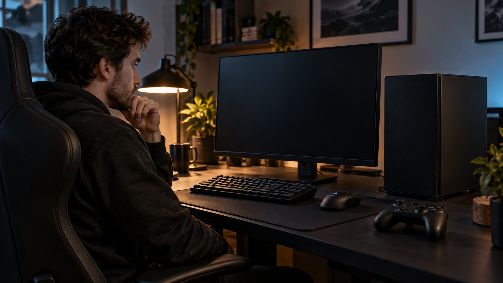 A gamer considers a desktop PC gaming setup with a blank monitor, tower, keyboard, mouse and controller