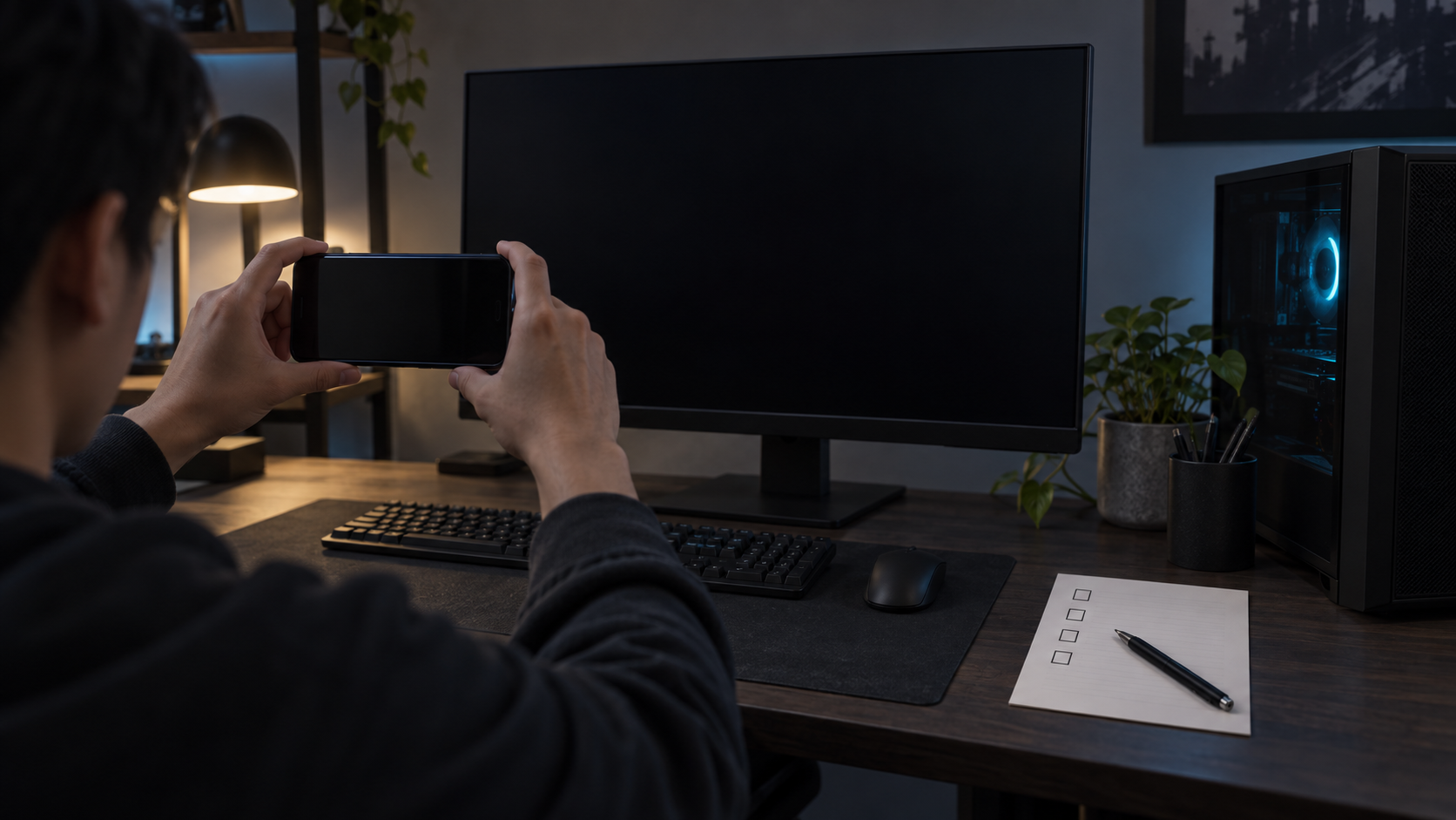 A dark monitor and desktop tower beside abstract records for a crash checklist.
