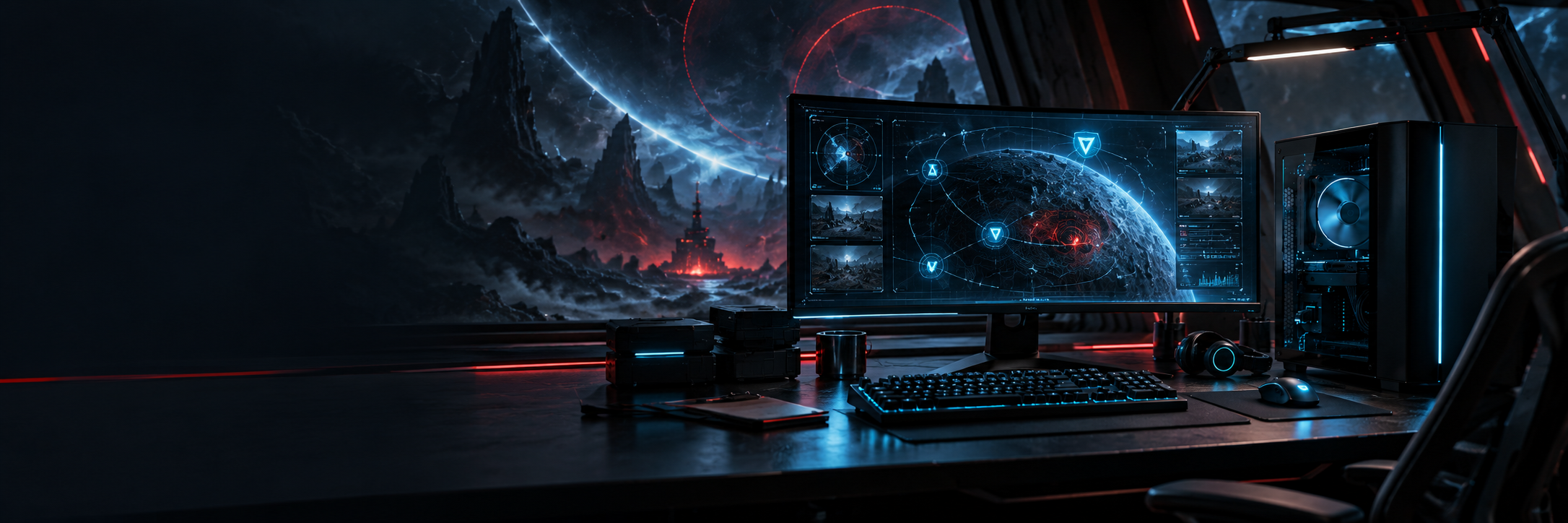 RigCircuit editorial artwork of a gaming PC with its tower, monitor and controls