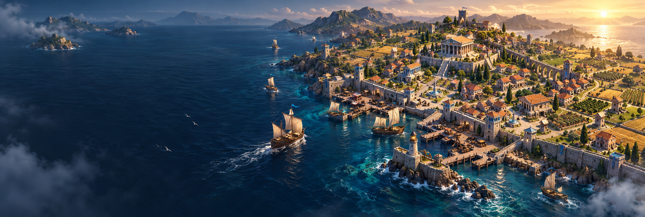 RigCircuit editorial artwork of a strategy game coastal city